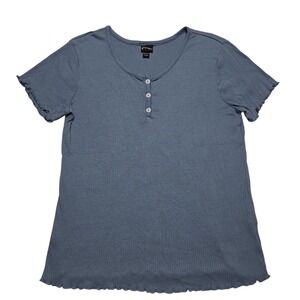 Art Class Top Girls XXL 16-18 Dusty Blue Ribbed Henley Short Sleeve Lettuce Edge